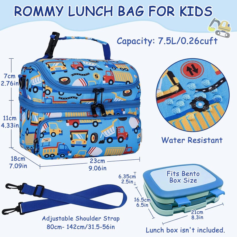 Kasqo Lunch Bag Kids, Dual Compartment Insulated Cooler Bag 7.5L Girls Boys Toddler Lunch Box Containers for Daycare School Kindergarten Travel Blue Car - Image 2